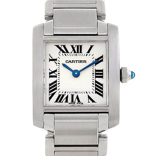 This image shows a front view of the Tank Francaise watch by Cartier, featuring a stainless steel case and bracelet.