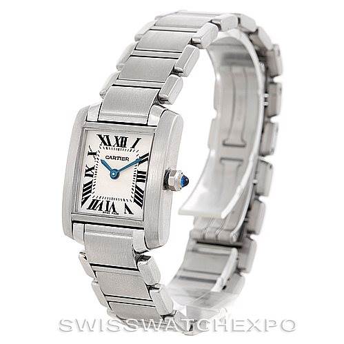 The image shows a Cartier Tank Francaise W51008Q3 Women's Stainless Steel Silver Dial W51008Q3 Women's Stainless Steel Silver Dial watch from a side angle, displaying the rectangular face and linked metal bracelet.