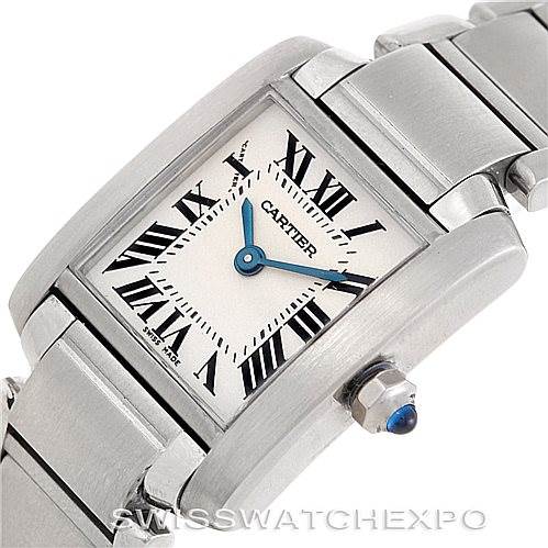 This image shows a close-up of the Cartier Tank Francaise W51008Q3 Women's Stainless Steel Silver Dial W51008Q3 Women's Stainless Steel Silver Dial watch, highlighting its face, Roman numerals, and metallic bracelet.
