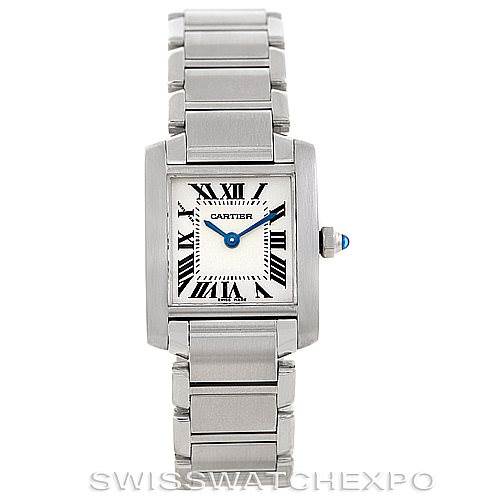 The image shows a front view of the Cartier Tank Francaise W51008Q3 Women's Stainless Steel Silver Dial W51008Q3 Women's Stainless Steel Silver Dial watch, highlighting its rectangular face and stainless steel band.