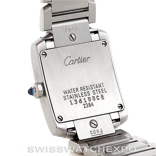 The image shows the backside and bracelet of a Cartier Tank Française watch, highlighting the brand engraving and water resistance information.