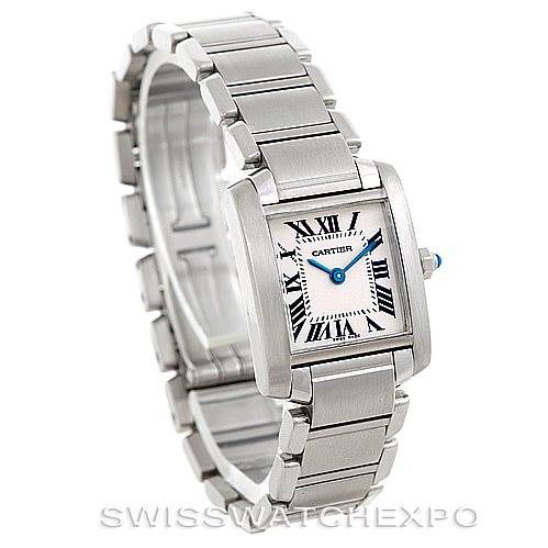 The image shows a Cartier Tank Francaise W51008Q3 Women's Stainless Steel Silver Dial W51008Q3 Women's Stainless Steel Silver Dial watch at a three-quarter angle, displaying the face and stainless steel bracelet.