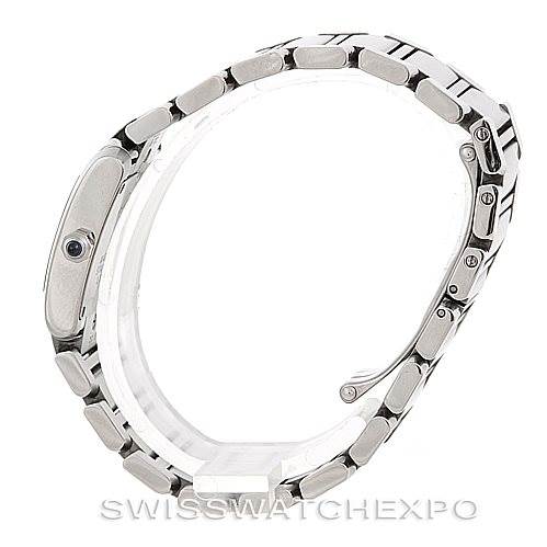 This side view image showcases the bracelet and case profile of the Cartier Tank Française watch.