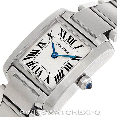 This image shows a Cartier Tank Française watch at an angled close-up, highlighting its rectangular face, Roman numerals, and metal bracelet.
