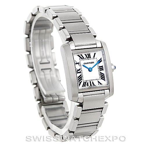 The image shows a Cartier Tank Francaise W51008Q3 Women's Stainless Steel Silver Dial W51008Q3 Women's Stainless Steel Silver Dial watch angled to display its rectangular face, Roman numeral dial, and stainless steel bracelet.