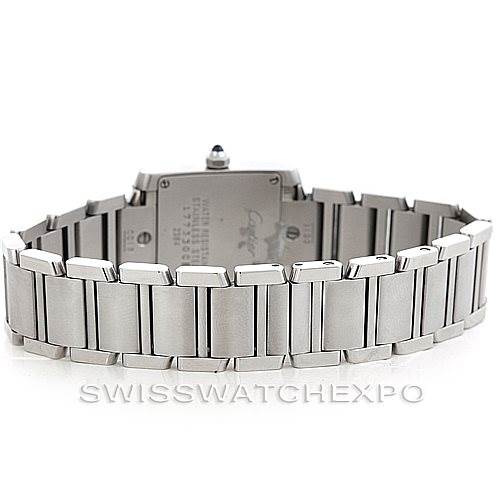 This image shows the back and bracelet of a Cartier Tank Francaise W51008Q3 Women's Stainless Steel Silver Dial W51008Q3 Women's Stainless Steel Silver Dial watch, with focus on the stainless steel links and clasp.
