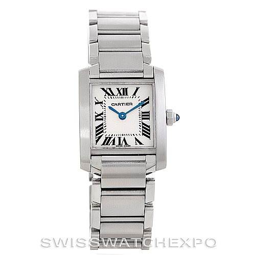 This image shows a front view of the Cartier Tank Francaise W51008Q3 Women's Stainless Steel Silver Dial W51008Q3 Women's Stainless Steel Silver Dial watch, displaying its square face, Roman numerals, and metal bracelet.