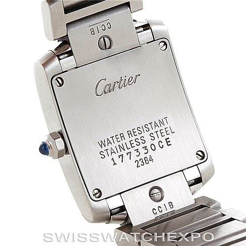 This image shows the back case of a Cartier Tank Francaise W51008Q3 Women's Stainless Steel Silver Dial W51008Q3 Women's Stainless Steel Silver Dial watch, highlighting its stainless steel construction and water resistance.