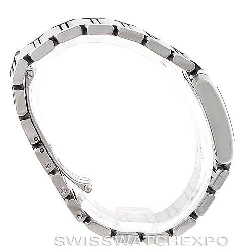 The image shows the Cartier Tank Française watch from a side angle, primarily displaying its bracelet and clasp.