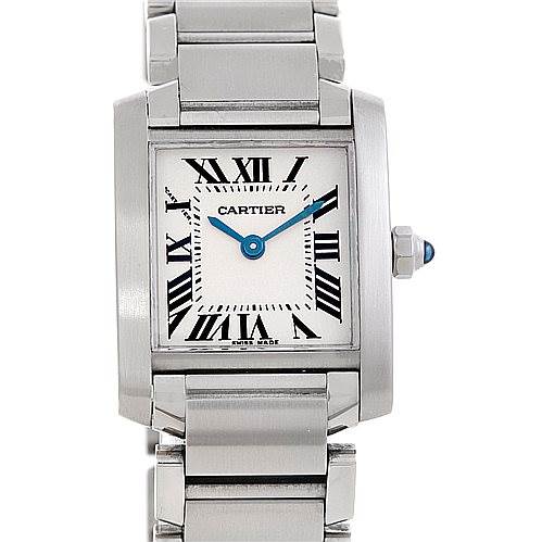 The image shows a frontal view of the Cartier Tank Francaise W51008Q3 Women's Stainless Steel Silver Dial W51008Q3 Women's Stainless Steel Silver Dial watch, highlighting its face, roman numerals, and metal bracelet.