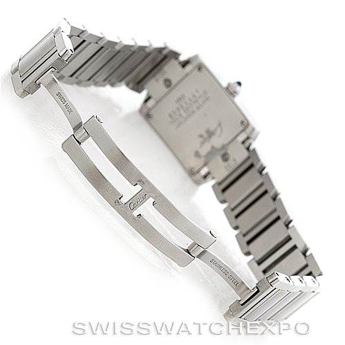 The image shows the back view of a Cartier Tank Française watch, highlighting the bracelet and clasp.