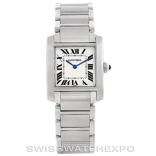 The image shows a Cartier Tank Française watch from a front angle, displaying the face and the full metal bracelet.