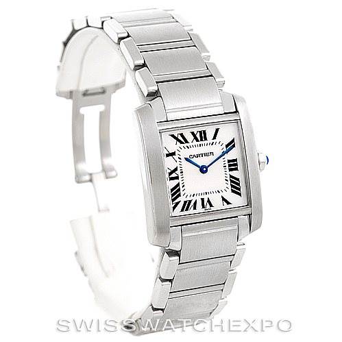 This image shows a Cartier Tank Francaise Women's Stainless Steel Silver Dial Women's Stainless Steel Silver Dial watch from an angled perspective, highlighting the face, bracelet, and side profile.