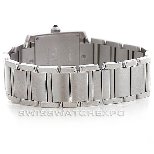 This image shows the back view of the bracelet and clasp of a Cartier Tank Francaise Women's Stainless Steel Silver Dial Women's Stainless Steel Silver Dial watch.