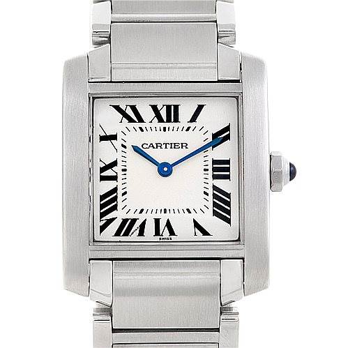 This image shows a front view of the Cartier Tank Francaise Women's Stainless Steel Silver Dial Women's Stainless Steel Silver Dial watch, featuring the dial, Roman numerals, and metal bracelet.