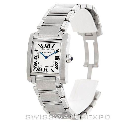 The image shows a side angle view of a Cartier Tank Francaise Women's Stainless Steel Silver Dial Women's Stainless Steel Silver Dial watch, highlighting the rectangular face, Roman numeral dial, and metal bracelet.
