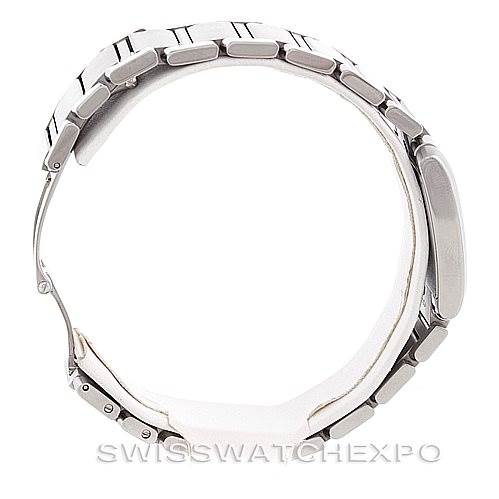 This image shows a side view of the Cartier Tank Francaise Women's Stainless Steel Silver Dial Women's Stainless Steel Silver Dial watch, focusing on the bracelet and underside of the case.