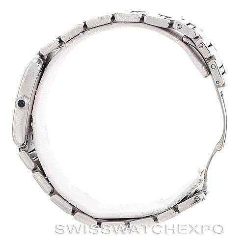 The image shows a side profile view of a Cartier Tank Francaise Women's Stainless Steel Silver Dial Women's Stainless Steel Silver Dial watch, highlighting its metal bracelet and clasp.