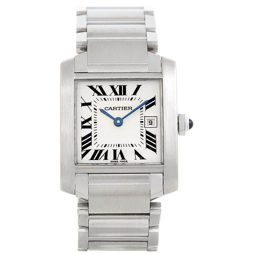 The image shows a front view of a Cartier Tank Française watch, displaying its face and part of the bracelet.