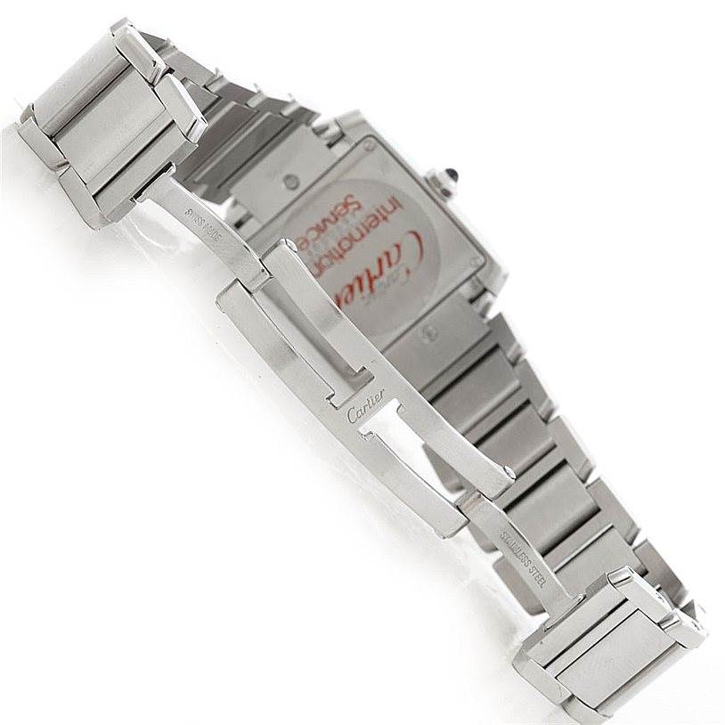This image shows the stainless steel bracelet and the back of the case of the Cartier Tank Francaise W51011Q3 Women's Stainless Steel Silver Dial W51011Q3 Women's Stainless Steel Silver Dial watch at an angled perspective.