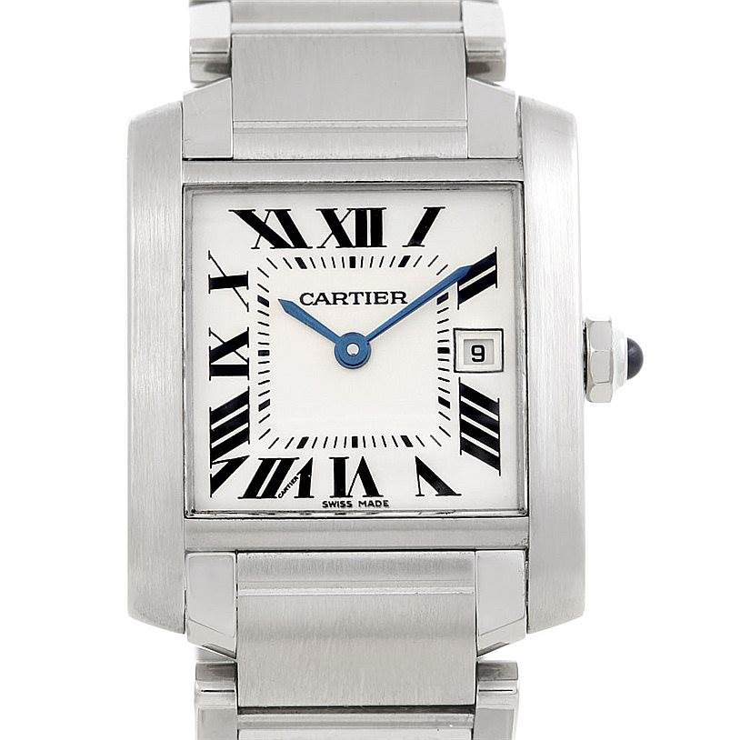 The image shows a front view of the face and upper bracelet of the Cartier Tank Francaise W51011Q3 Women's Stainless Steel Silver Dial W51011Q3 Women's Stainless Steel Silver Dial watch.