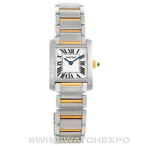 The image shows a front view of a Cartier Tank Francaise W51007Q4 Women's Steel and Gold (two tone) Silver Dial W51007Q4 Women's Steel and Gold (two tone) Silver Dial watch, displaying its face, bracelet, and crown.