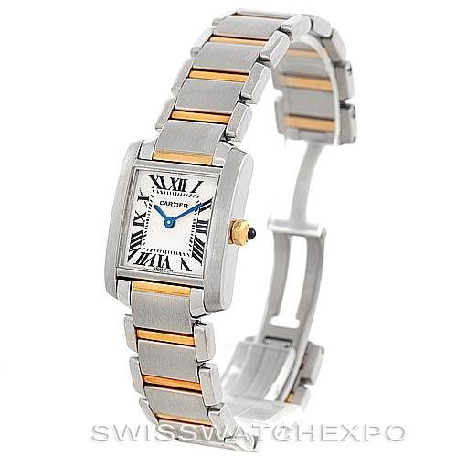 This image shows a Cartier Tank Francaise W51007Q4 Women's Steel and Gold (two tone) Silver Dial W51007Q4 Women's Steel and Gold (two tone) Silver Dial watch at a three-quarter angle, highlighting its bracelet, face, and clasp.