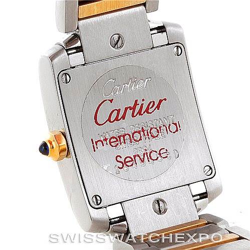 This image shows the case back of a Cartier Tank Francaise W51007Q4 Women's Steel and Gold (two tone) Silver Dial W51007Q4 Women's Steel and Gold (two tone) Silver Dial watch, highlighting the brand logo and international service engraving.