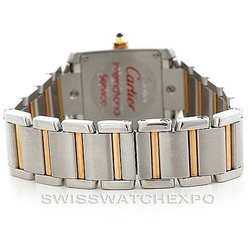 This image shows the back view of the Cartier Tank Francaise W51007Q4 Women's Steel and Gold (two tone) Silver Dial W51007Q4 Women's Steel and Gold (two tone) Silver Dial watch, highlighting its metal bracelet and clasp.