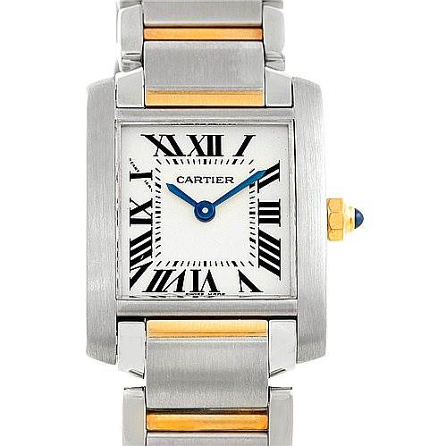 This image shows a front view of the Tank Francaise watch by Cartier, highlighting the dial, bracelet, and crown with a blue gem.