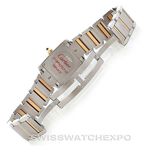 The image shows the back view of a Cartier Tank Française watch, highlighting its clasp and bracelet.