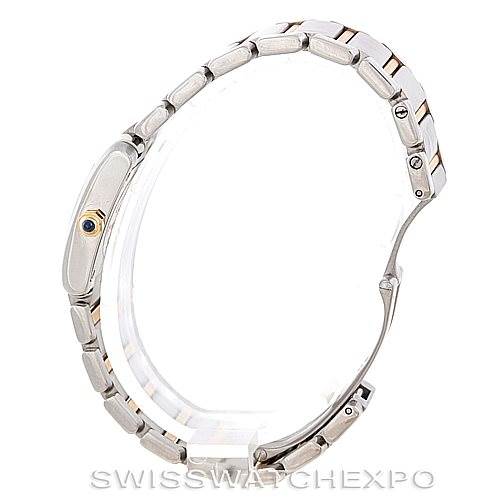 The image shows a side view of the Cartier Tank Française watch, focusing on the bracelet and case with a visible crown.