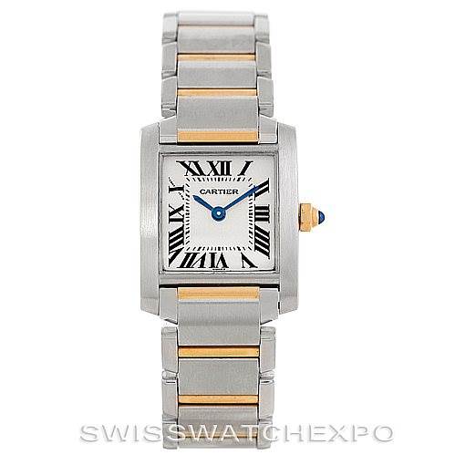 This image shows a Cartier Tank Francaise W51007Q4 Women's Steel and Gold (two tone) Silver Dial W51007Q4 Women's Steel and Gold (two tone) Silver Dial watch from the front, displaying its rectangular face and dual-tone bracelet.