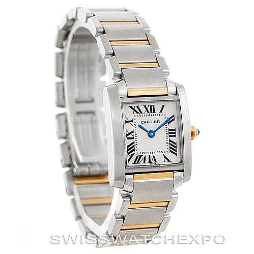 The Cartier Tank Francaise W51007Q4 Women's Steel and Gold (two tone) Silver Dial W51007Q4 Women's Steel and Gold (two tone) Silver Dial watch is shown from a front angle, displaying the face, bracelet, and crown.