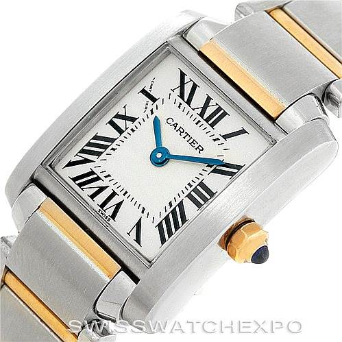 This image shows a close-up of the Tank Francaise model by Cartier, highlighting the dial, hands, crown, and part of the bracelet.