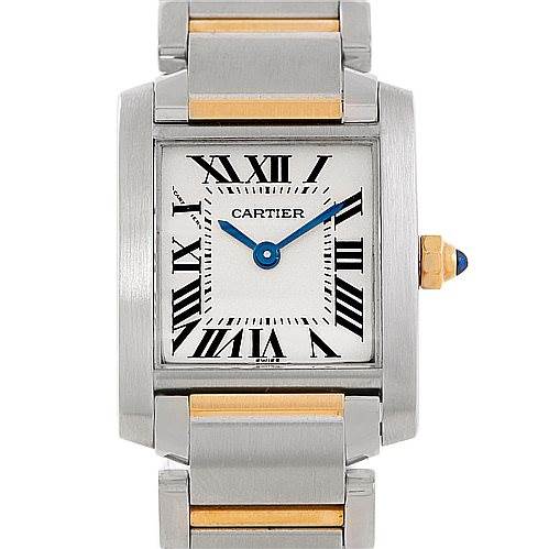 This image shows a Cartier Tank Francaise W51007Q4 Women's Steel and Gold (two tone) Silver Dial W51007Q4 Women's Steel and Gold (two tone) Silver Dial watch from a top-down angle, featuring the face, bezel, and part of the bracelet.