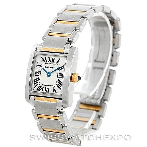 The Cartier Tank Francaise W51007Q4 Women's Steel and Gold (two tone) Silver Dial W51007Q4 Women's Steel and Gold (two tone) Silver Dial watch is shown from an angled view, highlighting the face, bracelet, and crown.