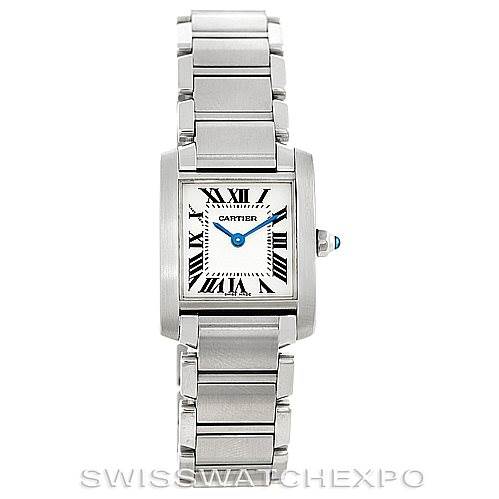 The image shows a front view of the Cartier Tank Francaise W51008Q3 Women's Stainless Steel Silver Dial W51008Q3 Women's Stainless Steel Silver Dial watch, displaying its rectangular dial, Roman numerals, and metallic strap.