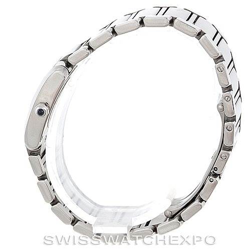 The image shows a side view of a Cartier Tank Française watch, highlighting the bracelet and crown.