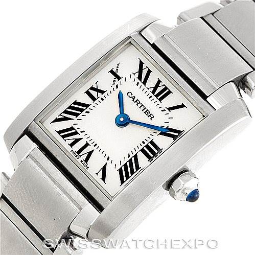 This image shows a close-up view of a Cartier Tank Francaise W51008Q3 Women's Stainless Steel Silver Dial W51008Q3 Women's Stainless Steel Silver Dial watch, featuring its rectangular face, Roman numerals, and part of the metal bracelet.