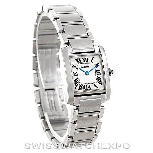 The image shows a side-angle view of the Cartier Tank Francaise W51008Q3 Women's Stainless Steel Silver Dial W51008Q3 Women's Stainless Steel Silver Dial watch, highlighting its rectangular face and metal bracelet.