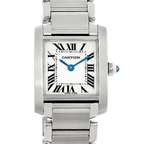 This image shows a frontal view of the Cartier Tank Francaise W51008Q3 Women's Stainless Steel Silver Dial W51008Q3 Women's Stainless Steel Silver Dial watch, highlighting its silver bracelet, white dial, and blue hands.
