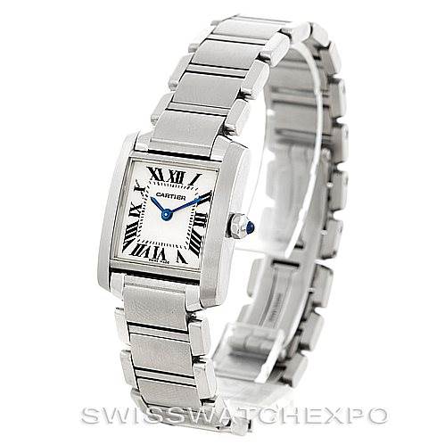 The image shows a Cartier Tank Francaise W51008Q3 Women's Stainless Steel Silver Dial W51008Q3 Women's Stainless Steel Silver Dial model watch from an angled, side view prominently displaying its face and bracelet.