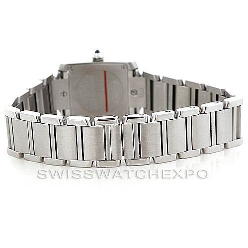 The image shows the back view of a Cartier Tank Francaise W51008Q3 Women's Stainless Steel Silver Dial W51008Q3 Women's Stainless Steel Silver Dial watch, focusing on the bracelet and clasp.