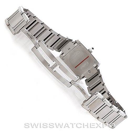 This image shows the back and bracelet of a Cartier Tank Francaise W51008Q3 Women's Stainless Steel Silver Dial W51008Q3 Women's Stainless Steel Silver Dial watch, including the deployment clasp and links.