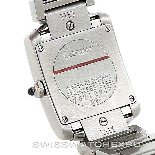 The image shows the back and part of the bracelet of a Cartier Tank Francaise W51008Q3 Women's Stainless Steel Silver Dial W51008Q3 Women's Stainless Steel Silver Dial watch, highlighting its water resistance and stainless steel material.