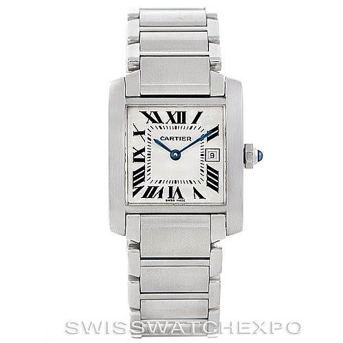 This image shows a front view of the Cartier Tank Francaise W51011Q3 Women's Stainless Steel Silver Dial W51011Q3 Women's Stainless Steel Silver Dial watch, displaying its face, bracelet, and crown with a blue cabochon.