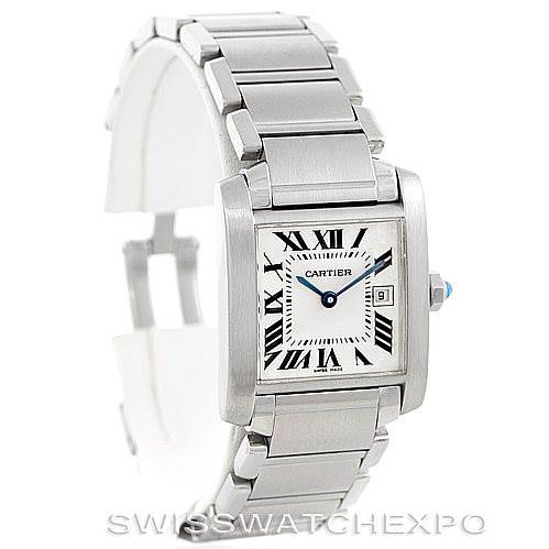 This image shows a front angle of the Cartier Tank Francaise W51011Q3 Women's Stainless Steel Silver Dial W51011Q3 Women's Stainless Steel Silver Dial watch, highlighting its stainless steel case, bracelet, dial, and Roman numeral indices.