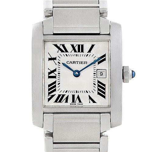 This image shows a frontal view of the Cartier Tank Francaise W51011Q3 Women's Stainless Steel Silver Dial W51011Q3 Women's Stainless Steel Silver Dial watch, highlighting its rectangular face, Roman numerals, and metal strap.