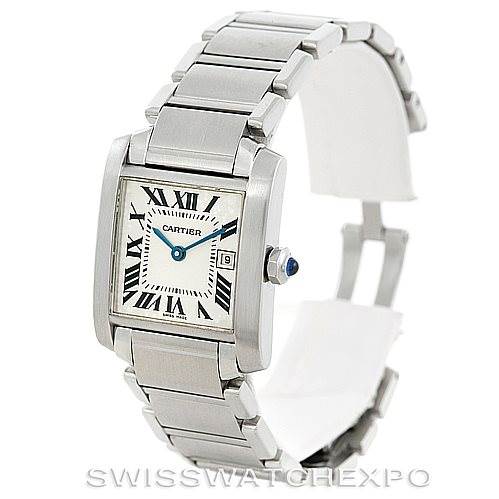 This image shows a Cartier Tank Francaise W51011Q3 Women's Stainless Steel Silver Dial W51011Q3 Women's Stainless Steel Silver Dial watch from an angled side view, displaying the bracelet, case, and dial.